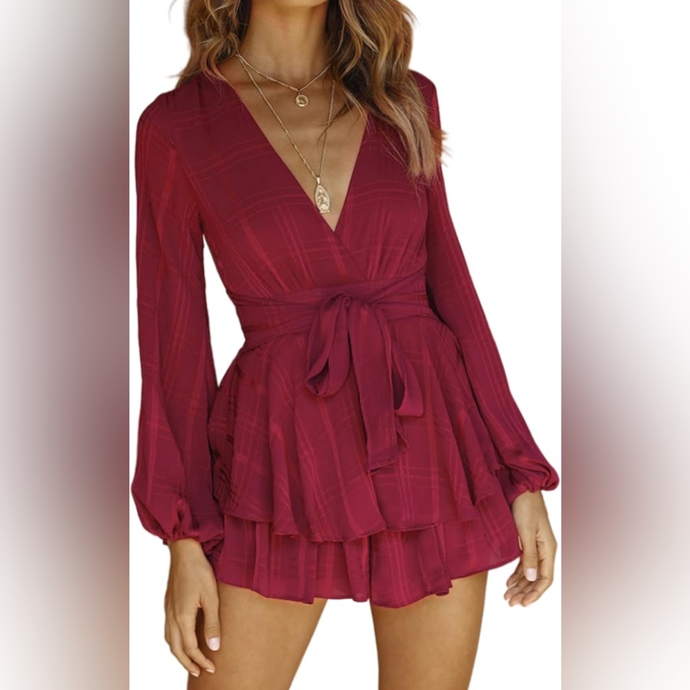 Wine Red Plaid Long Sleeve Romper